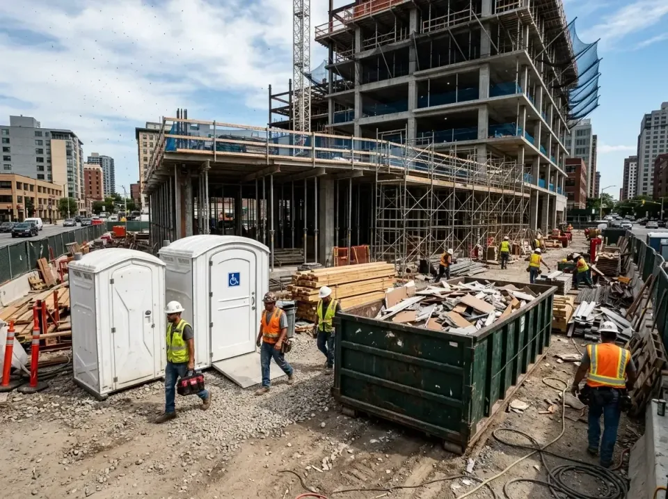 Portable Toilets — Construction Site — Portable Toilets, Roll-off Dumpster, Construction Workers, Construction Site, Porta P…
