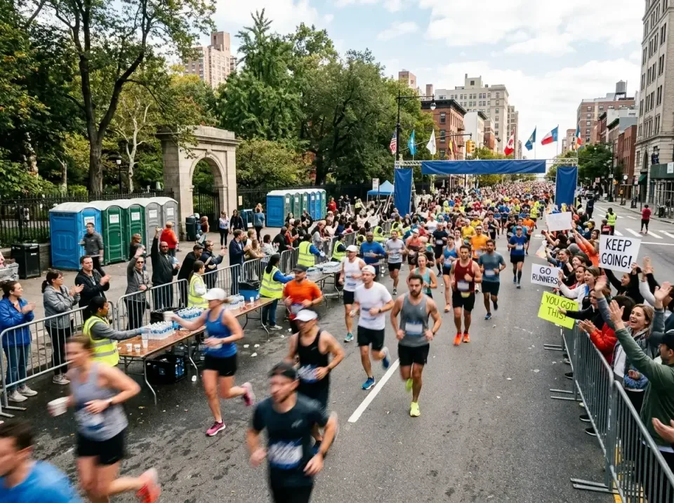 Portable Toilets — Marathon Event — Portable Toilets, Metal Crowd Control Barricades, Folding Tables, Marathon Event, Porta…