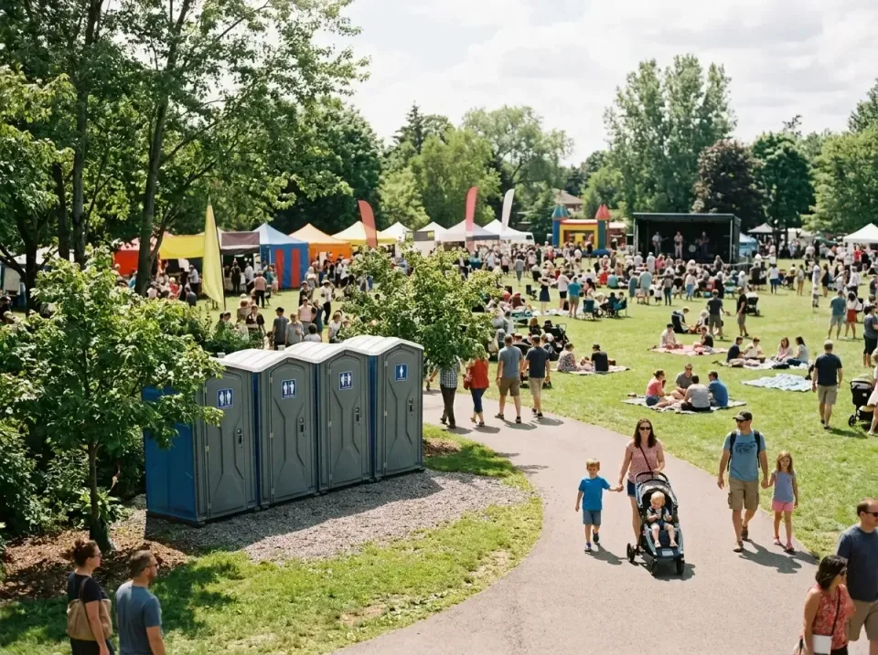 Portable Toilets — Public Park — Portable Toilets, People, Stroller, Public Park, Porta Potty Rentals and Dumpster Rental in…