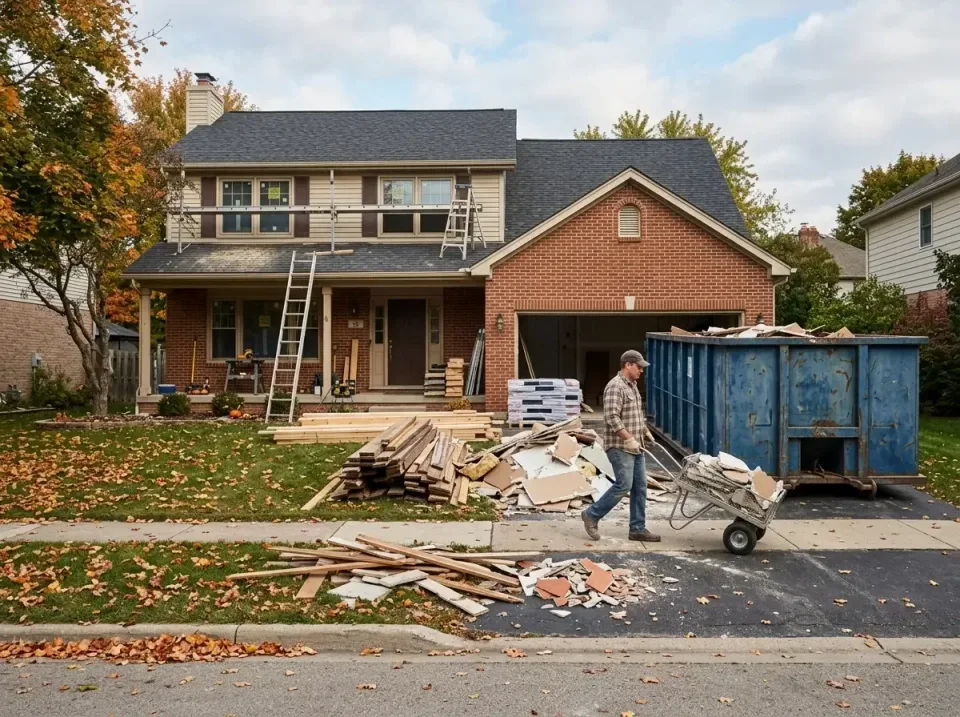 Roll-off Dumpster — Residential Renovation — Roll-off Dumpster, Construction Worker, Wheelbarrow, Residential Renovation, Po…