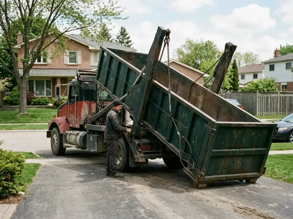 Roll-off Truck — Residential Driveway — Roll-off Truck, Dumpster, Worker, Residential Driveway, Porta Potty Rentals and Dump…
